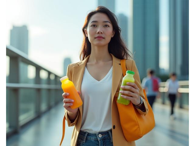 Profesional muda sedang berjalan sambil minum jus