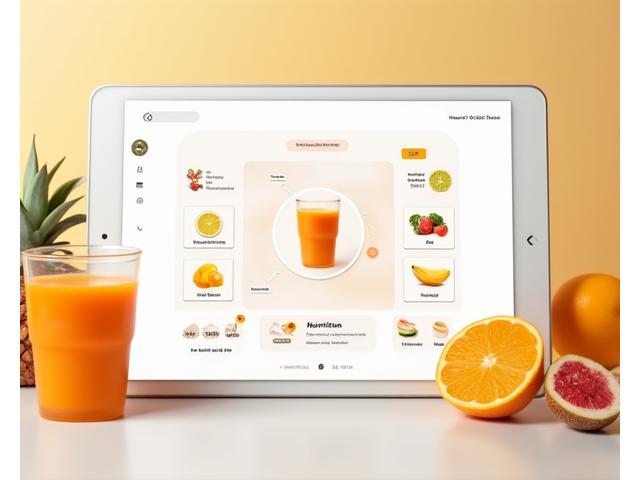 User interface screenshot of an interactive online juice blend builder showing drag-and-drop ingredients and a nutrition panel.