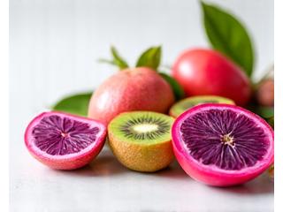 Exotic fruits such as dragon fruit, passion fruit, and kiwi, sliced and vibrant.