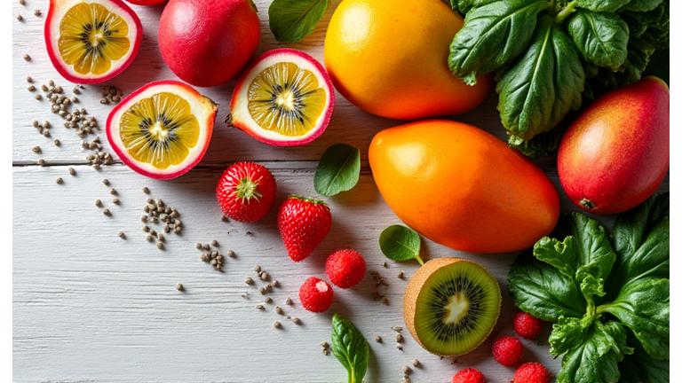 Set of vibrant, exotic fruits and superfoods ingredients for custom juice blending, artfully arranged on a clean background demonstrating freshness and variety.