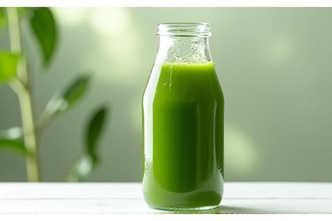 Green detox juice blend with cucumber, kale, and ginger, in a glass bottle.