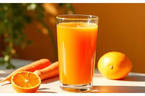Bright orange immunity-boosting juice with carrots, oranges, and turmeric, in a glass.
