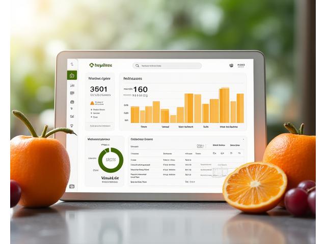 Interactive digital dashboard displaying nutritional breakdown of a custom juice blend, showing vitamins, minerals, and calories.