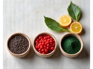 Bowl of superfoods including chia seeds, goji berries, and spirulina powder.