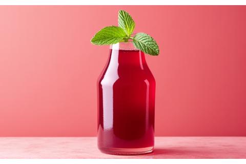 Red energizing juice blend with beetroot, berries, and mint, in a clear glass bottle.