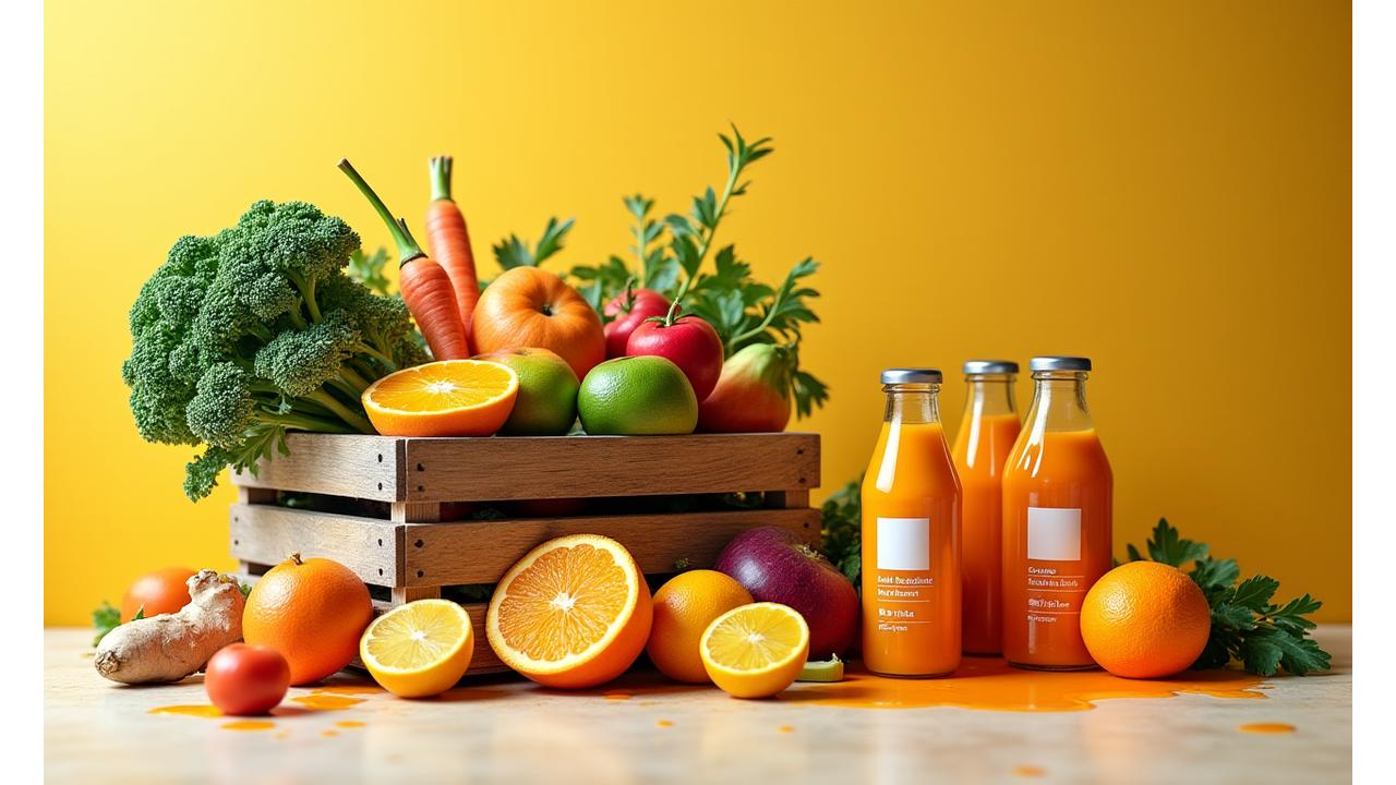 Buah-buahan organik segar sedia diperah menjadi jus cold-pressed