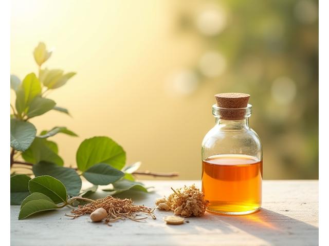 Jus dengan bahan adaptogen seperti ashwagandha dan ginseng, menunjukkan ketenangan