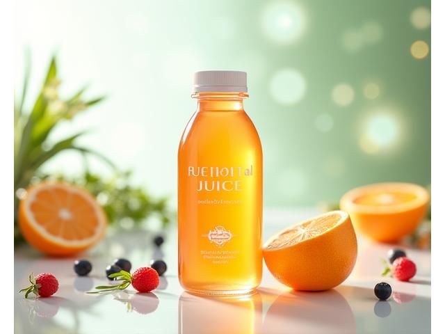 Botol jus fungsional dengan label sains dan bahan-bahan inovatif
