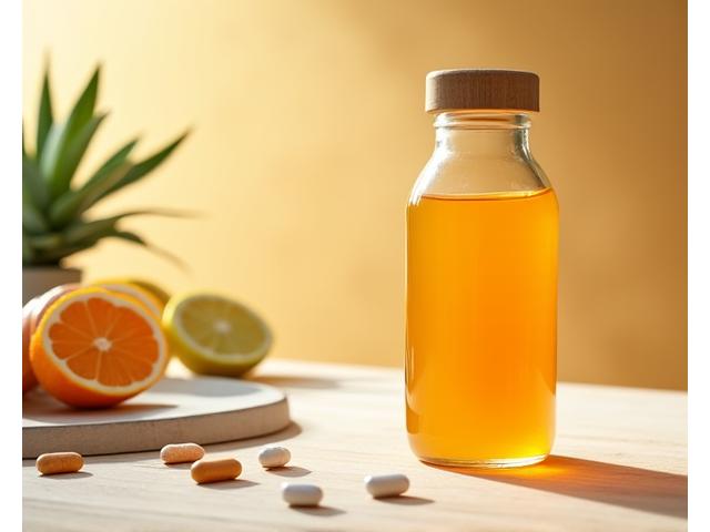 Dua botol jus berdiri di atas meja, satu jus fungsional dan satu jus biasa, dengan tulisan 'nilai premium'