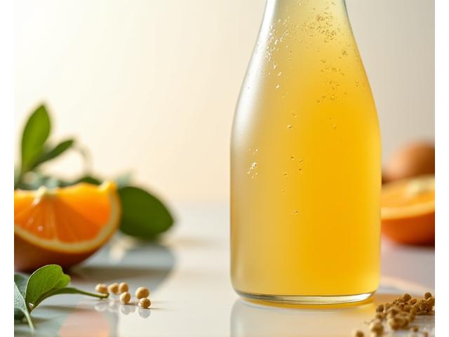 Botol jus dengan titisan probiotik dan visual sistem penghadaman yang sihat