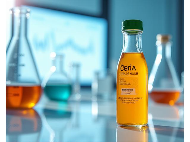 Peralatan makmal sains, botol jus, dan graf data yang menunjukkan ketepatan