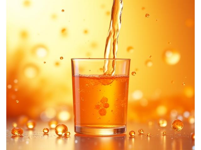 Jus yang mengalir menampilkan molekul vitamin dan simbol sains nutrisi