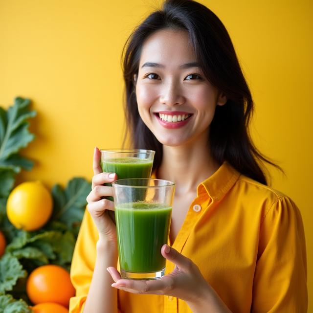 Seorang wanita tersenyum ceria sambil menikmati jus segar dengan latar belakang buah-buahan dan sayuran hidup yang bersih, menandakan transformasi kesihatan.
