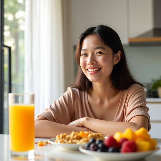 Seorang individu sedang menikmati sarapan sihat dengan jus segar dan mangkuk buah-buahan, melambangkan kehidupan sihat selepas program detoks.