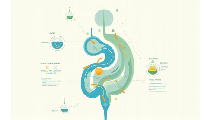 Infografik yang menunjukkan aliran detoksifikasi hati yang disokong oleh pengambilan jus segar, dengan ikon sains dan kesihatan.