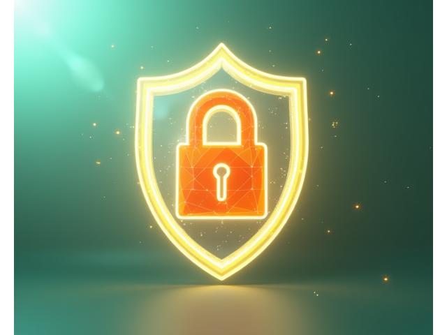 Illustrasi perlindungan data digital dengan kunci dan perisai, menunjukkan keselamatan maklumat peribadi Ceria Citrus Hub.