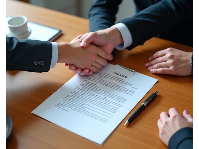 Meja dengan dokumen kontrak, pen, dan tangan yang berjabat, melambangkan persetujuan terma perkhidmatan. Lingkaran oren Ceria Citrus Hub kelihatan di latar belakang.