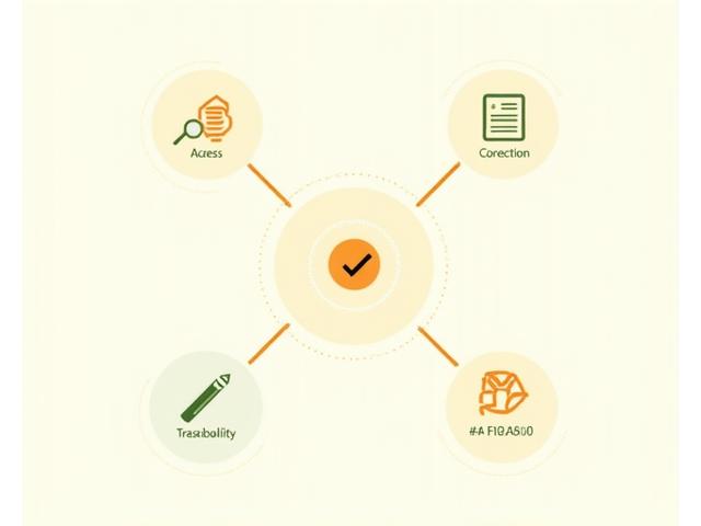 Ikon hak pengguna seperti akses, pembetulan, dan penghapusan, disusun secara kreatif dengan sentuhan buah sitrus.