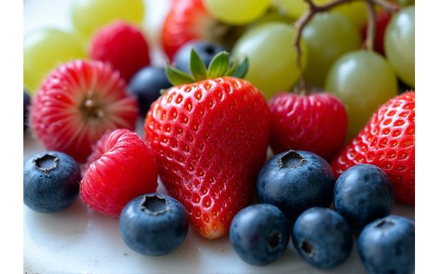Buah beri segar seperti strawberi, beri biru, raspberi, dan juga hirisan kiwi serta anggur