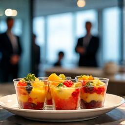 Platter salad buah yang disediakan dengan elegan untuk mesyuarat korporat