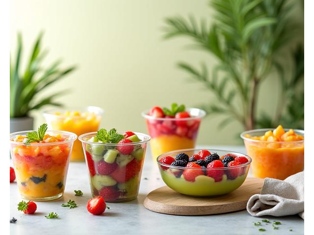 Pelbagai bekas salad buah eco-friendly yang diperbuat daripada bahan boleh kompos atau kitar semula