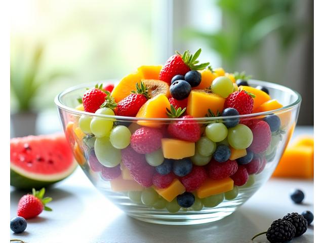 Salad buah premium yang pelbagai warna dalam mangkuk kaca yang menawan, sedia untuk dinikmati