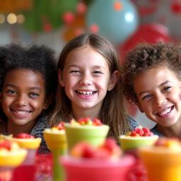 Kanak-kanak gembira menikmati salad buah berwarna-warni di majlis hari jadi