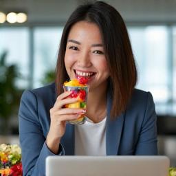 Seorang profesional sedang menikmati salad buah di meja pejabat