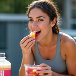 Seorang individu menikmati salad buah selepas bersenam di gim