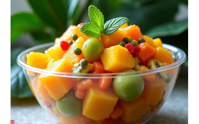 Salad buah 'Tropical Paradise' dengan nanas, mangga, betik, dan markisa