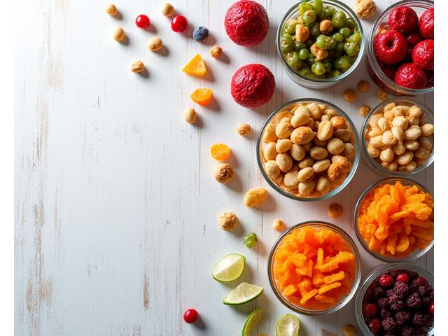 Pelbagai snek sihat vegan termasuk energy balls, trial mix, dan veggie chips