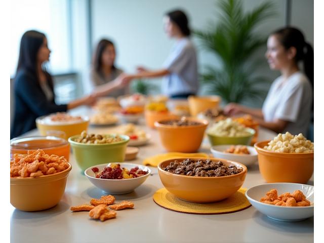 Meja pejabat dengan pelbagai snek sihat untuk pekerja