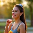 Wanita minum jus sebelum larian pagi