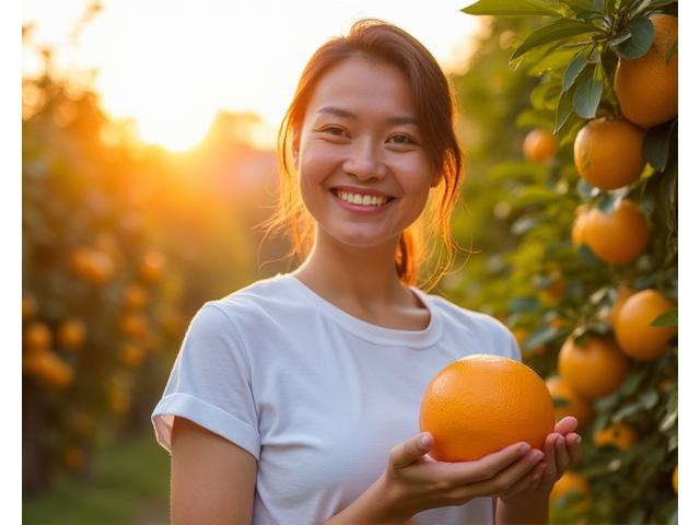 Pengasas Ceria Citrus Hub tersenyum di ladang citrus organik, menunjukkan buah segar pilihan.